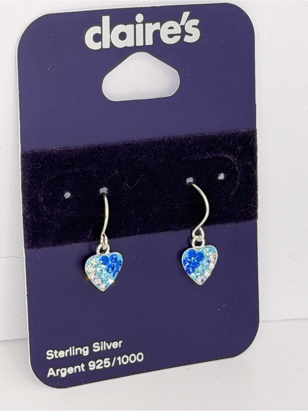 Claire's Silver Heart Drop Earrings with Blue and Light Blue Crystals